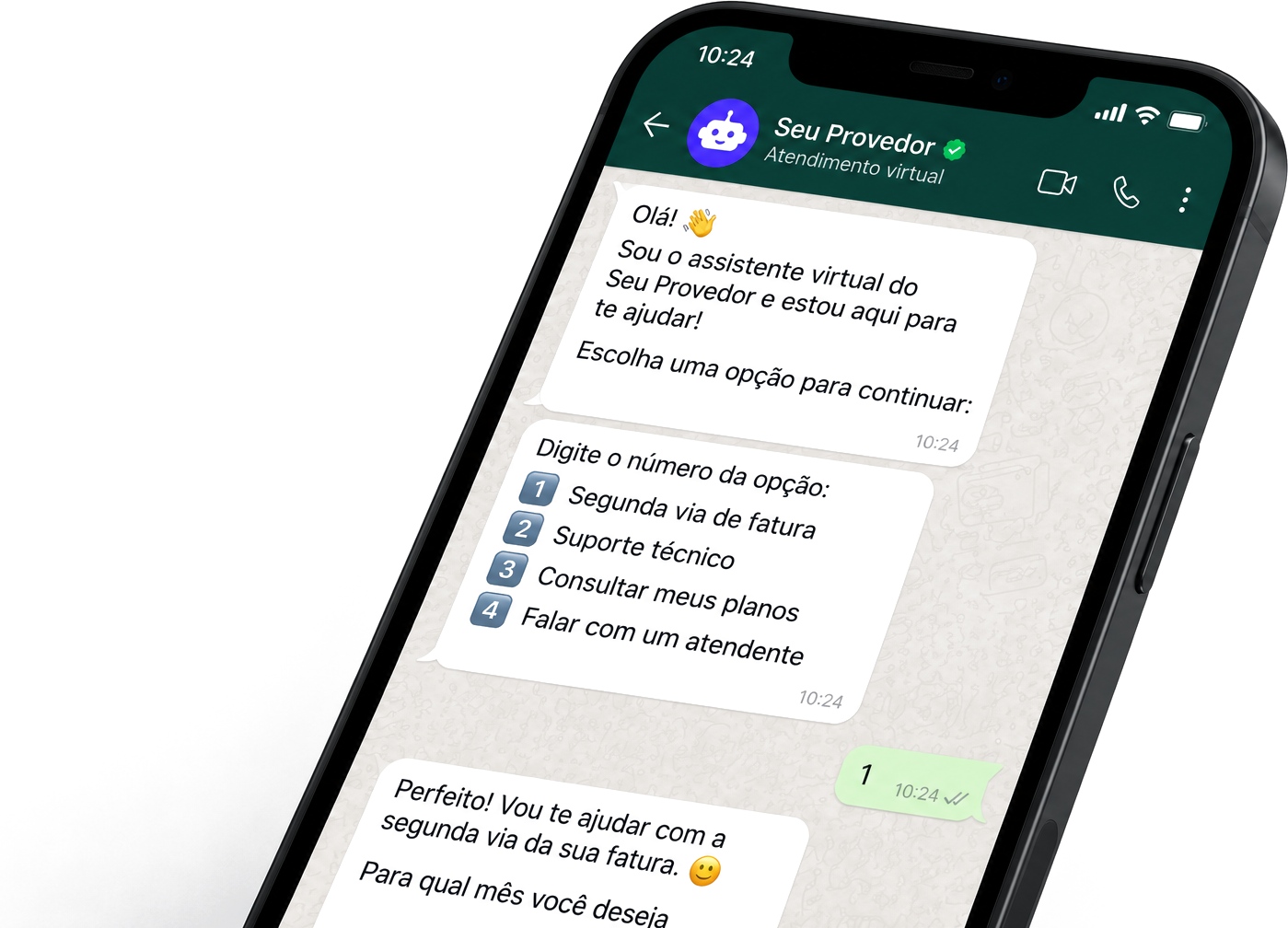 Fluxo inteligente no WhatsApp — menu de opções, 2ª via de fatura, suporte e handoff para atendente