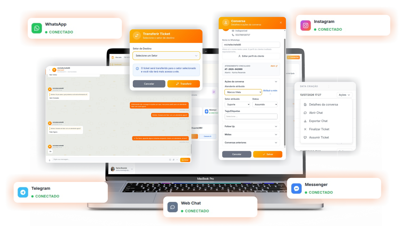 Oba Bot — chatbot WhatsApp com ERP integrado, inbox omnichannel, fluxos e disparo automático de faturas