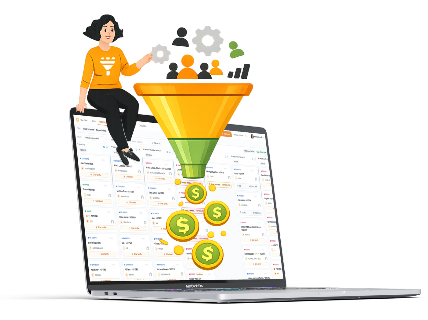 Oba CRM — funil de vendas e gestão comercial no notebook