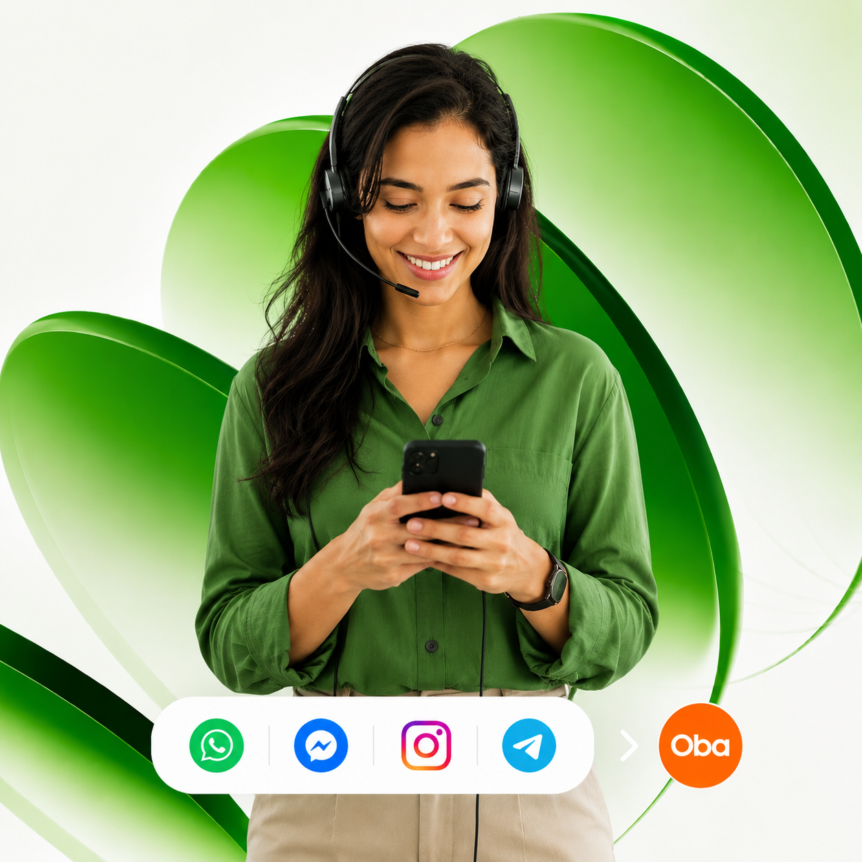 Atendente centralizando WhatsApp, Instagram, Messenger e Telegram na Oba Labs