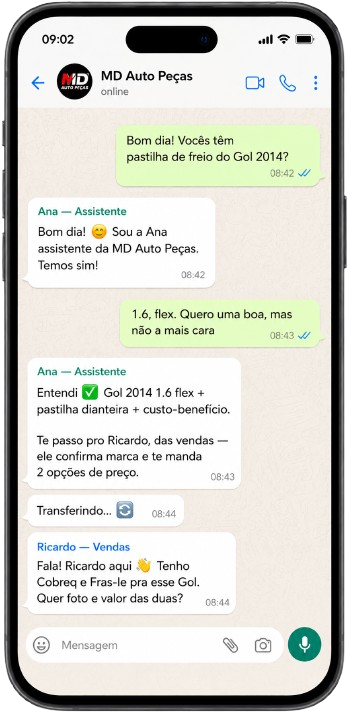 Simulação de triagem inteligente no WhatsApp: agente Ana qualifica cliente da MD Auto Peças e transfere para Ricardo em vendas