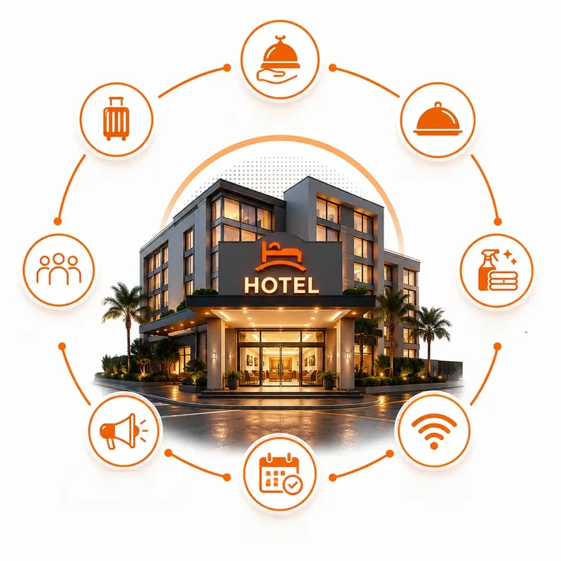 Hotel — reservas, check-in, room service, restaurante, housekeeping, Wi-Fi e concierge