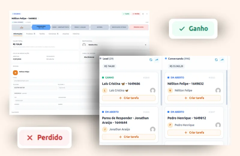 Oba CRM: funil comercial em kanban com negociações, tarefas e status ganho ou perdido