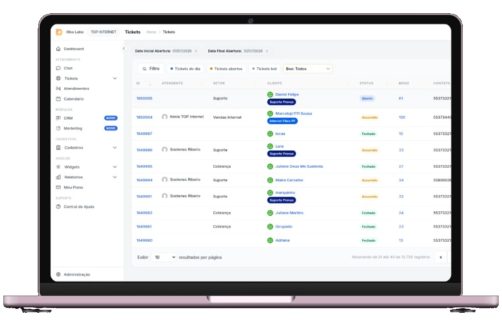 Painel Oba Labs para provedores: tickets, chat, CRM e atendimento omnichannel no WhatsApp