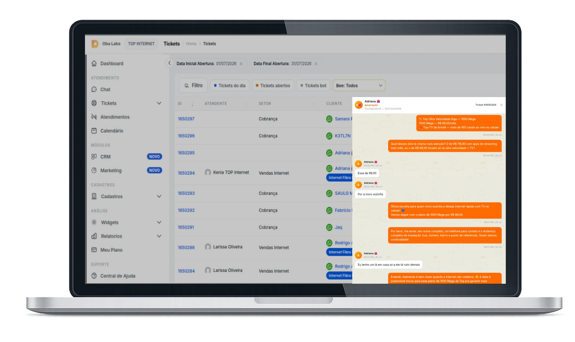 Painel Oba Labs para provedores: tickets, chat, CRM e atendimento omnichannel no WhatsApp