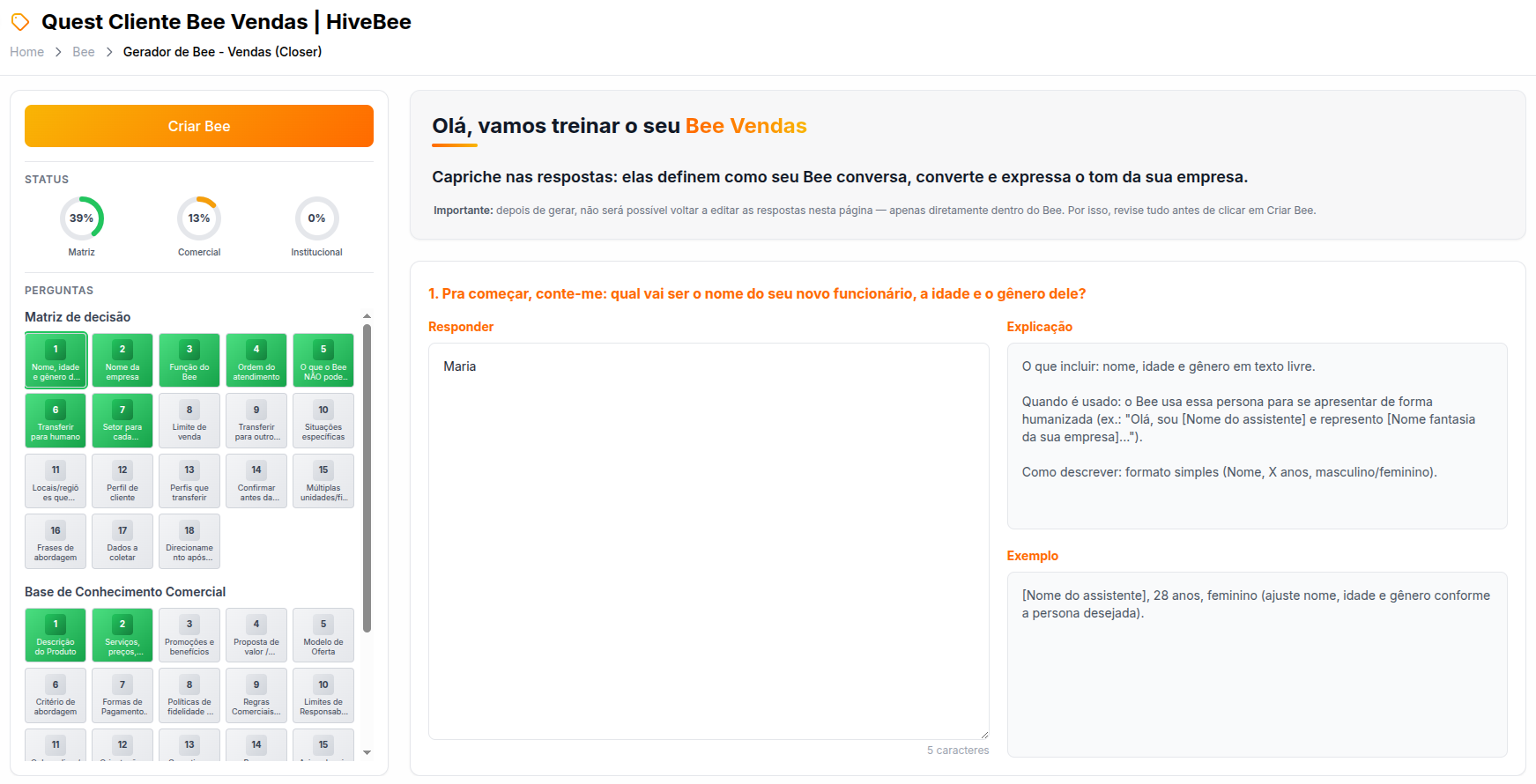 Quest Cliente Bee Vendas — questionário guiado para treinar o agente na plataforma