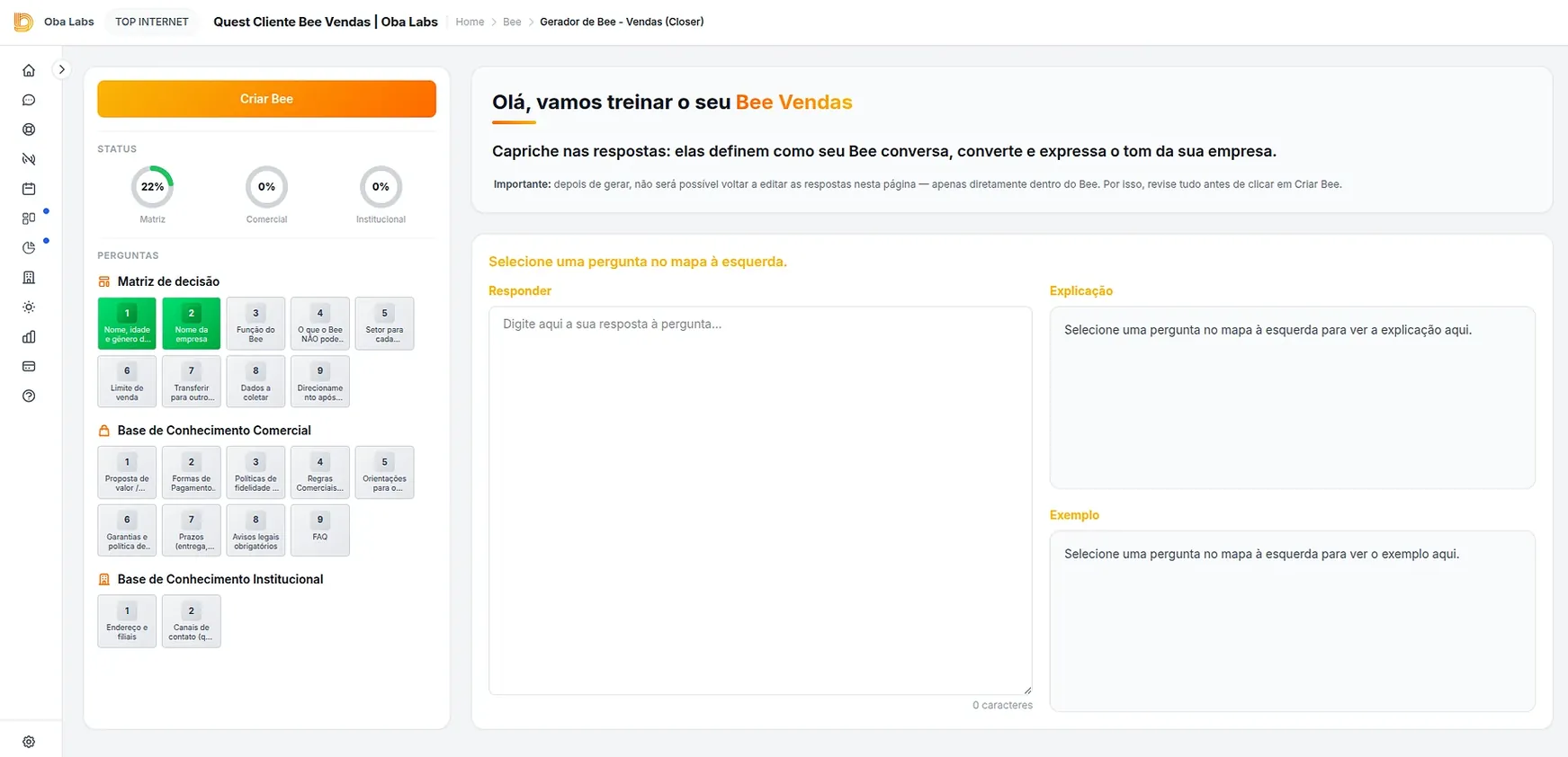 Quest Cliente — questionário guiado para treinar o agente na plataforma
