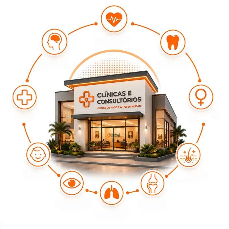 Clínicas e consultórios — cardiologia, odontologia, ginecologia, dermatologia, ortopedia, pulmonologia, oftalmologia, pediatria e neurologia